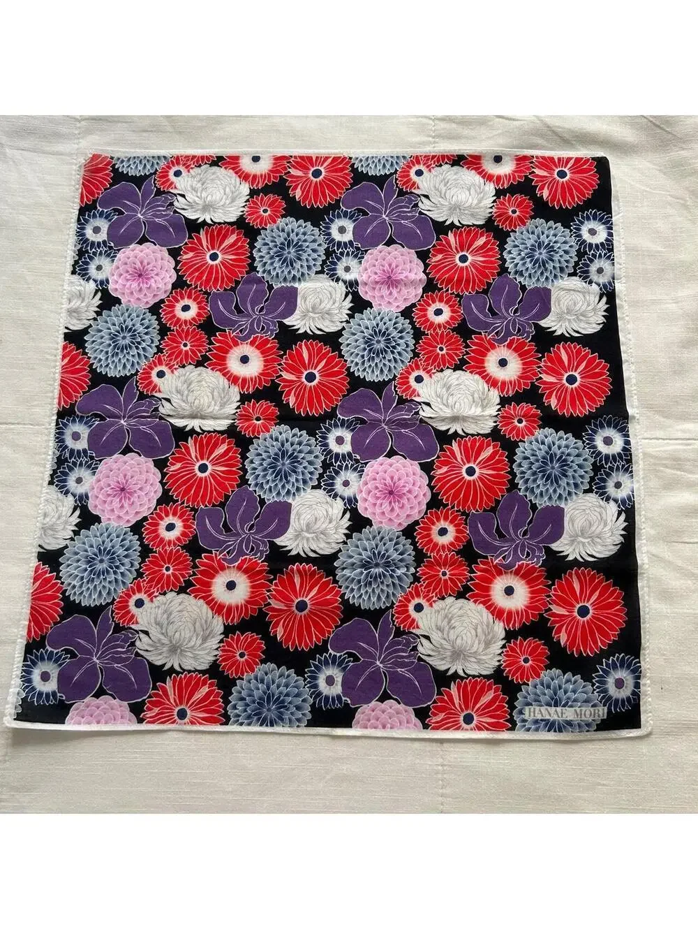 Black Floral Bandana Chrysanthemum Botanical Print Purple Red Scarf
